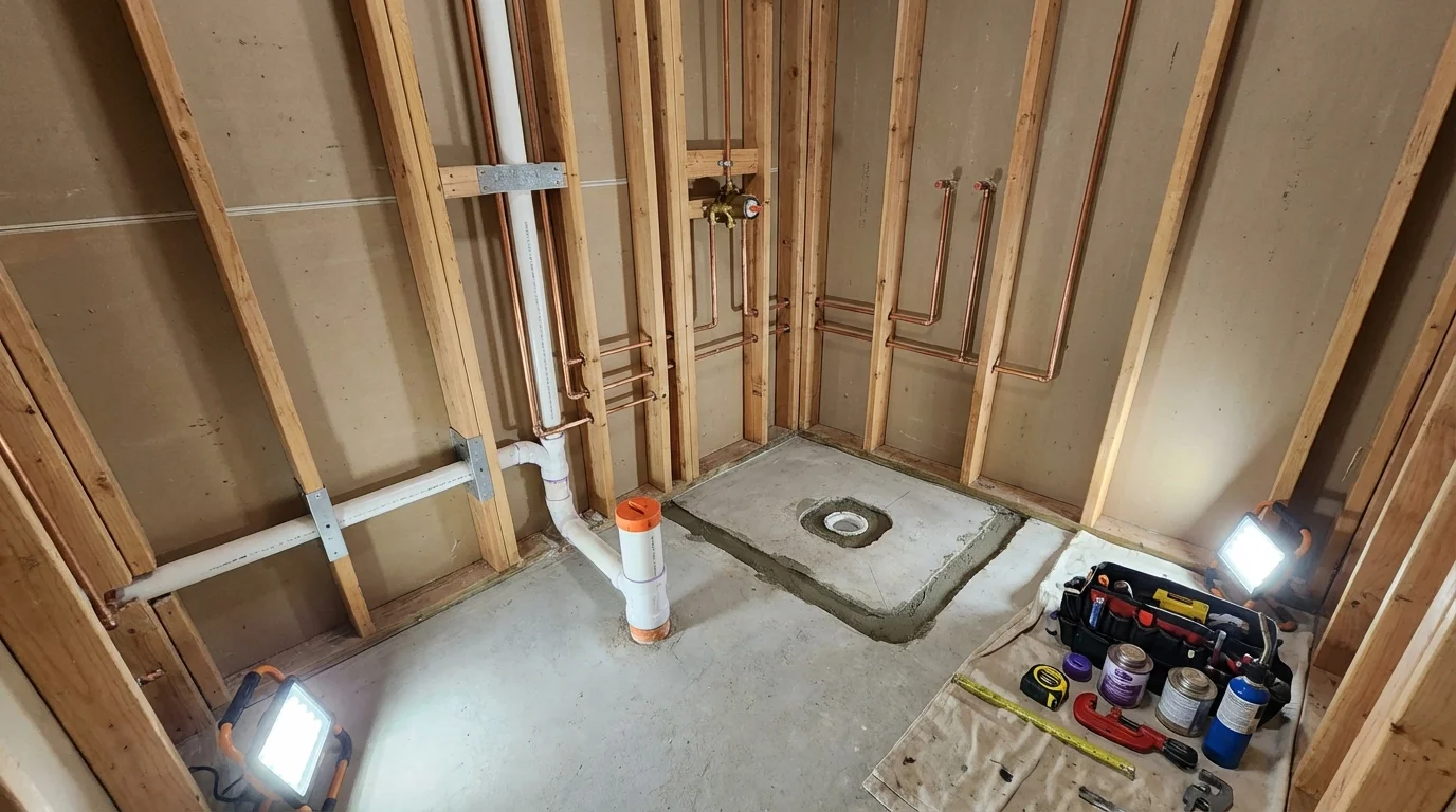 Bathroom rough-in plumbing during remodel by Johns Plumbing LLC in Wapato